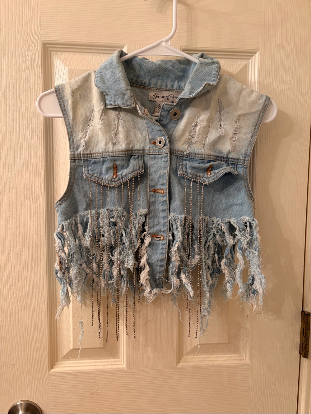 Distressed Fringe Light Wash Denim Vest